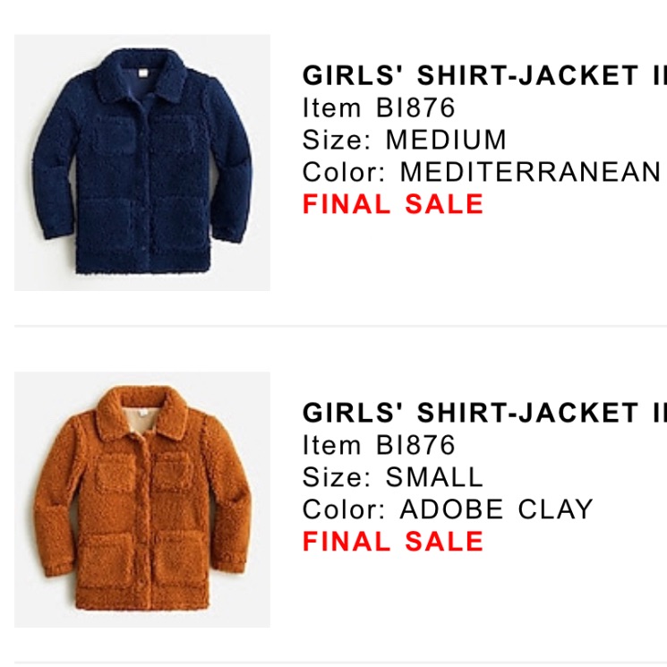 2 Nwt Crewcuts Girls Shirt-Jacket Sherpa (Blue & Camel)